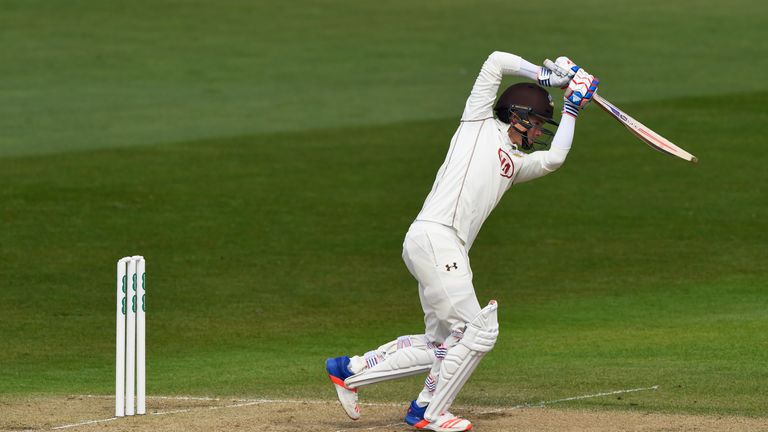 NOTTINGHAM, ENGLAND - APRIL 11:  Surrey batsman Sam Curran hits out during Day two of the Specsavers County Championship  Division One match between Nottin
