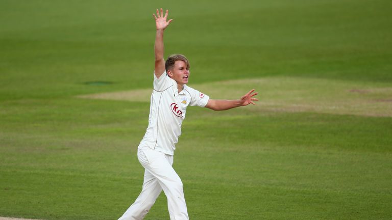 Sam Curran of Surrey appeals successfully for the wicket of Rob Newton of Northamptonshire