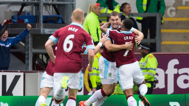 Burnley striker Sam Vokes celebrates after scoring against Liverpool