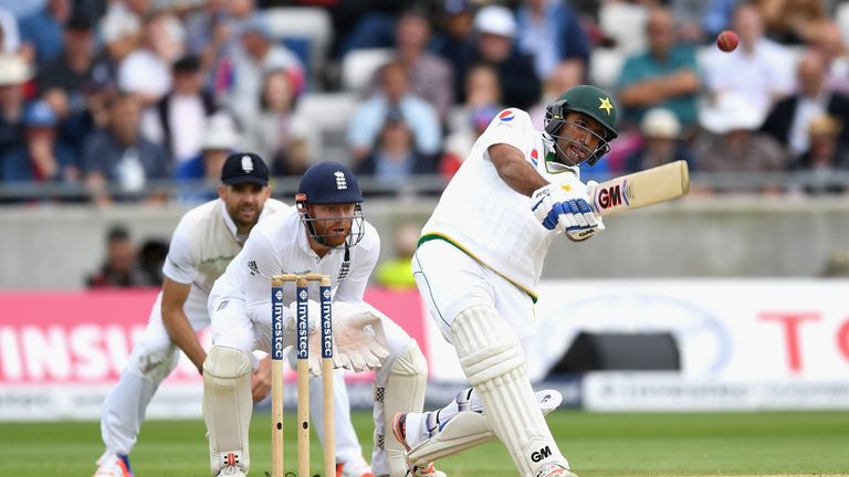 Sami Aslam of Pakistan hits out for six runs during day two of the 3rd Investec Test between England and Pakistan