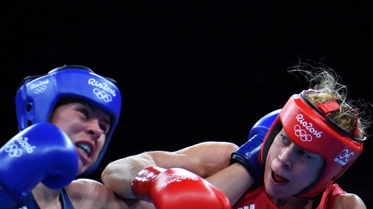 Sweden's Anna Laurell Nash (right) fights Great Britain's Savannah Marshall at the Rio Olympics