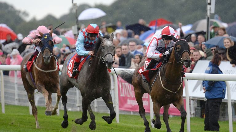 Scarlet Dragon takes the opening contest on the final day of the 2016 Ebor Festival from Dark Red with fourth-home Sennockian Star also pictured.