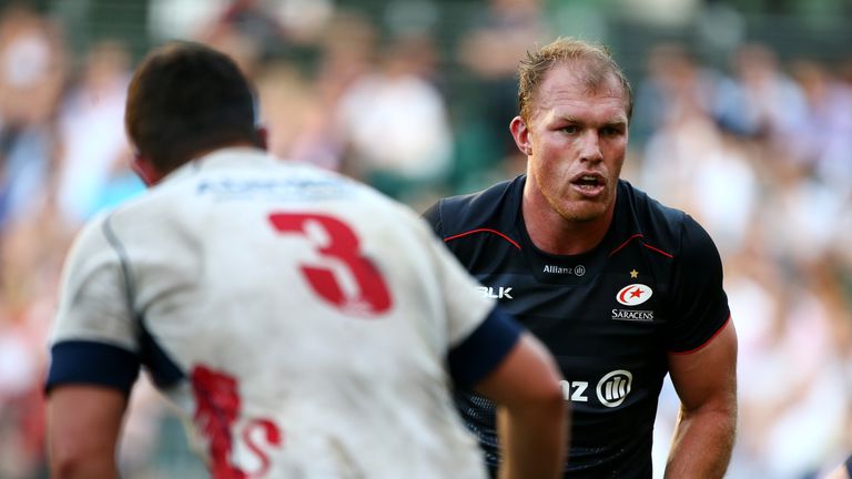 LONDON, ENGLAND - AUGUST 25: Schalk Burger of Saracens in action on his debut during the pre season friendly match between Saracens and London Scottish FC 