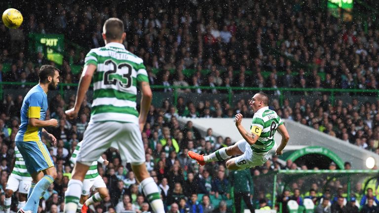 Scott Brown tries an acrobatic effort for Celtic against Astana