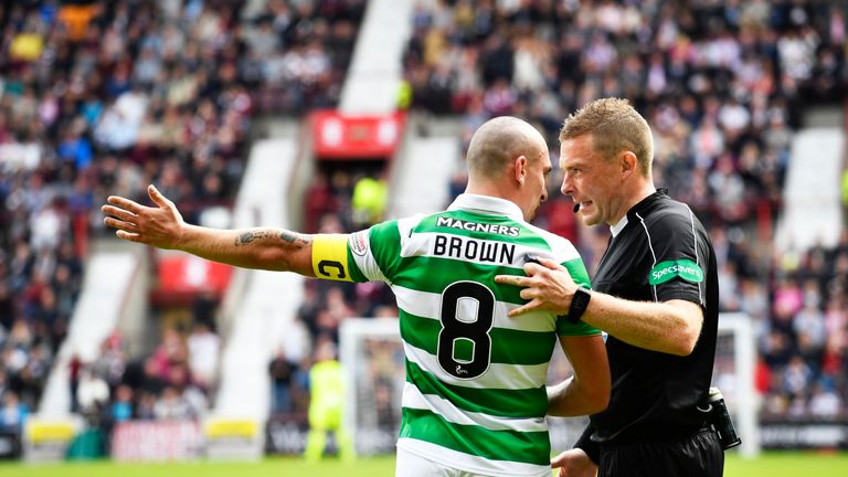 Celtic's Scott Brown appeals to referee John Beaton after he awarded Hearts the penalty 