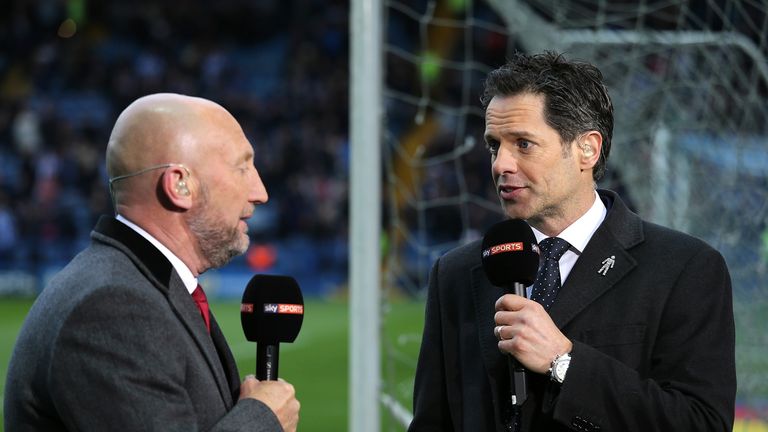 SHEFFIELD, ENGLAND - MAY 13:  Scott Minto (R) and Ian Holloway work as pundits for Sky Sports during the Sky Bet Championship Play Off First Leg match betw