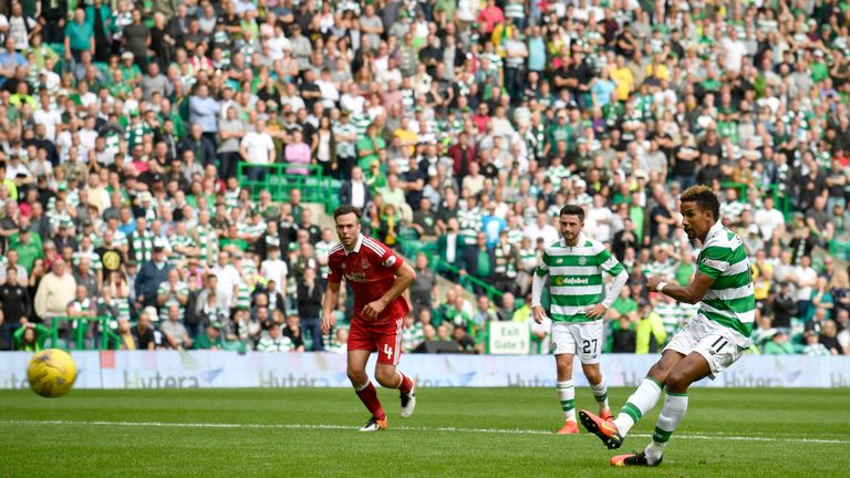 Celtic's Scott Sinclair puts his side 3-1 in front against Aberdeen from the penalty spot