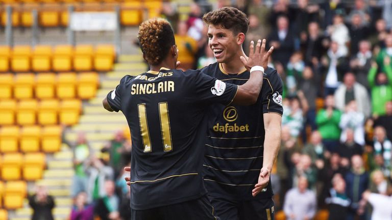 Scott Sinclair and Ryan Christie celebrate the latter's goal at McDiarmid Park