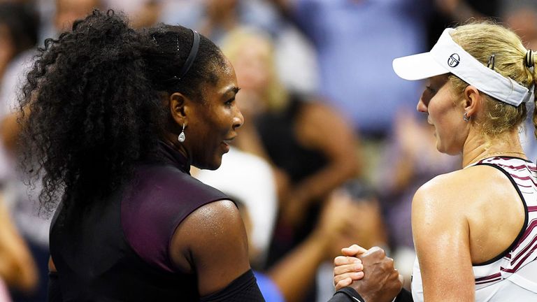Serena Williams and Ekaterina Makarova shake hands after the match