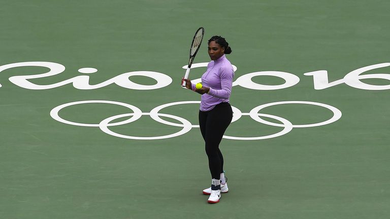 US Serena Williams trains at the Olympic Tennis Centre at the Olympic Park in Rio de Janeiro on August 3, 2016, ahead of the Rio 2016 Olympic Games. / AFP 