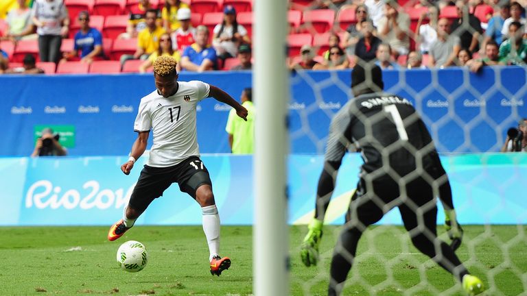 Serge Gnabry scores for Germany against Portugal in the quarter-finals at the Olympics