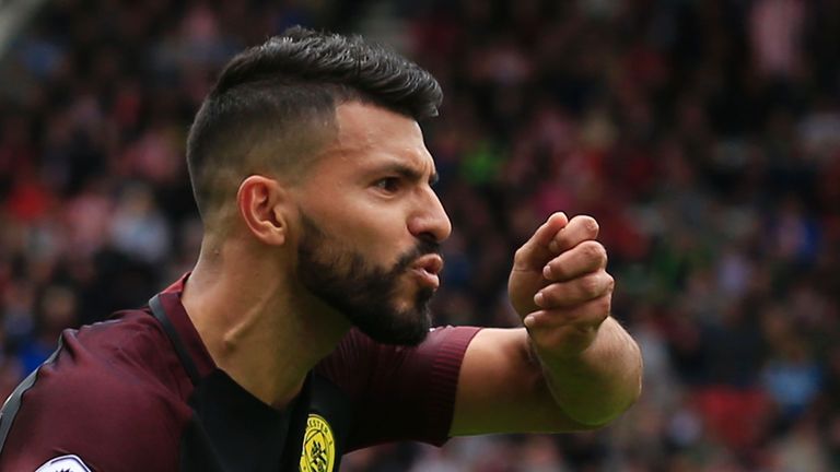 Manchester City's Sergio Aguero celebrates after scoring the opening goal from the penalty spot during the Premier League match at Stoke