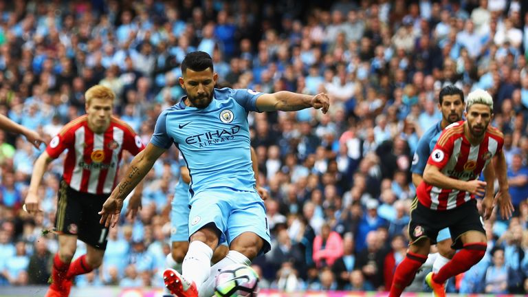 Sergio Aguero opens the scoring from the penalty spot against Sunderland