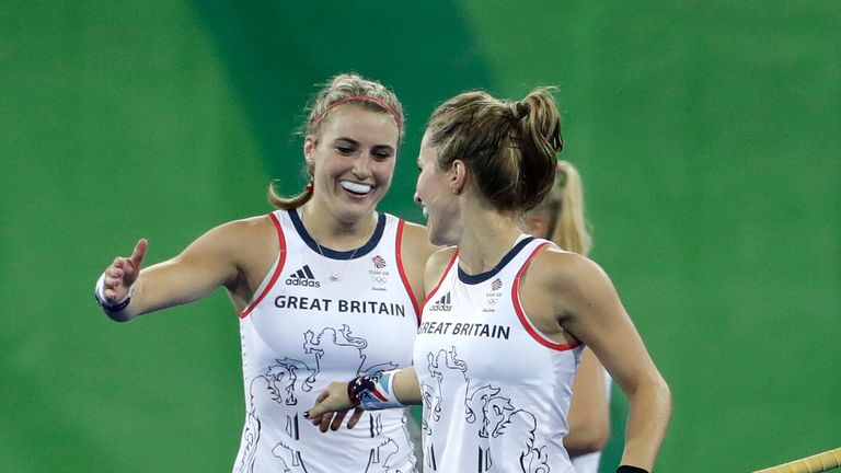 Great Britain's Lily Owsley, left, celebrates with Shona McCallin