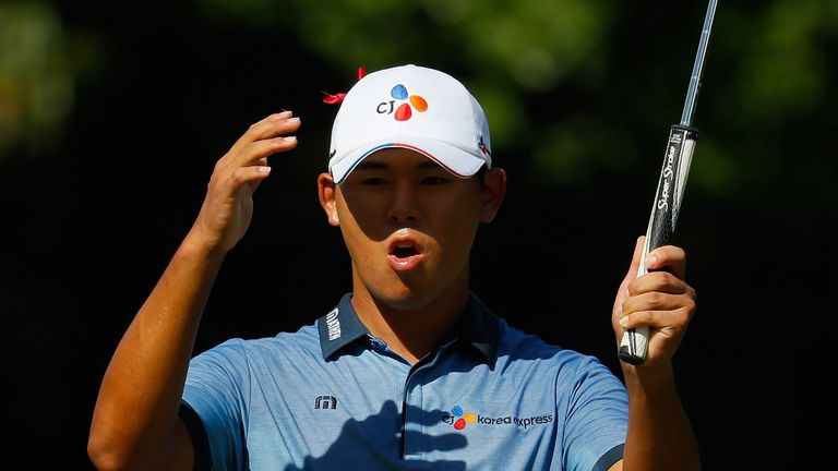 GREENSBORO, NC - AUGUST 21:  Si Woo Kim of South Korea reacts to his putt on the 11th hole during the final round of the Wyndham Championship at Sedgefield