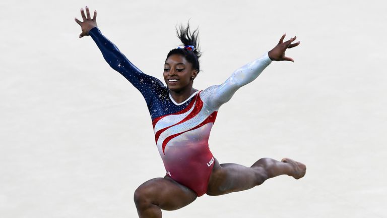 Simone Biles of the United States competes on the floor during the Artistic Gymnastics Women's Team Final at Rio 2016