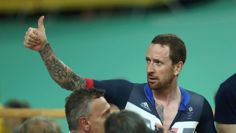 Bradley Wiggins of Team Great Britain celebrates winning the gold medal after the team pursuit final 