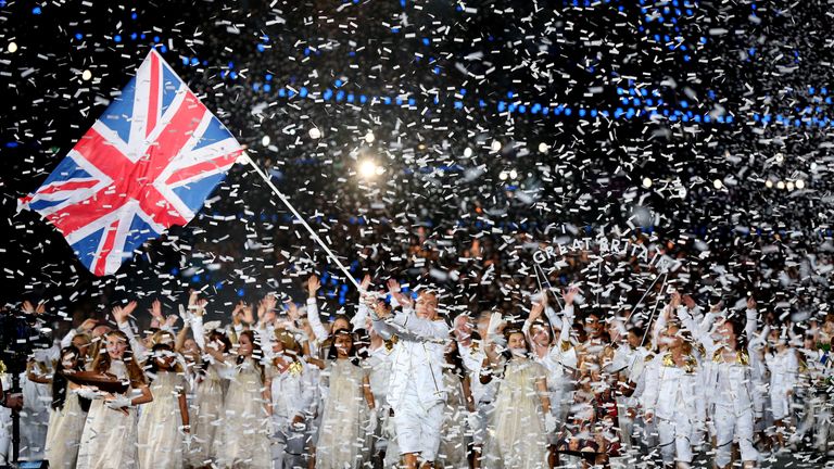 Sir Chris Hoy leads Great Britain into the stadium during the opening ceremony for London 2012