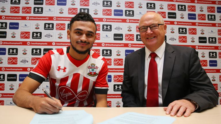 Sofiane Boufal signs for Southampton FC at The Staplewood Campus, pictured with executive director of football Les Reed
