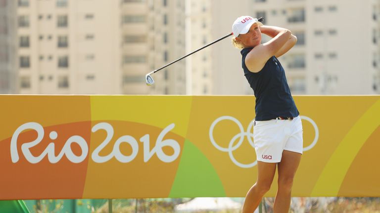 RIO DE JANEIRO, BRAZIL - AUGUST 18:  Stacy Lewis of the United States hits her tee shot on the eighth hole during the second round of the Women's Individua