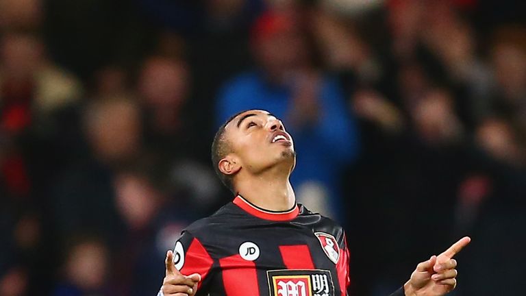 BOURNEMOUTH, ENGLAND - DECEMBER 12: Junior Stanislas of Bournemouth celebrates scoring his team's first goal during the Barclays Premier League match betwe