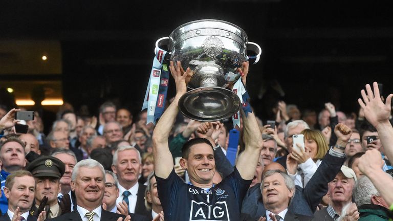 Dublin captain Stephen Cluxton lifts the Sam Maguire cup last year
