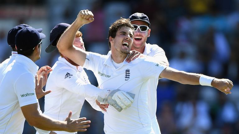 BIRMINGHAM, ENGLAND - AUGUST 07:  England bowler Steven Finn (r) celebrates after taking the wicket of Sami Aslam during day 5 of the 3rd Investec Test mat