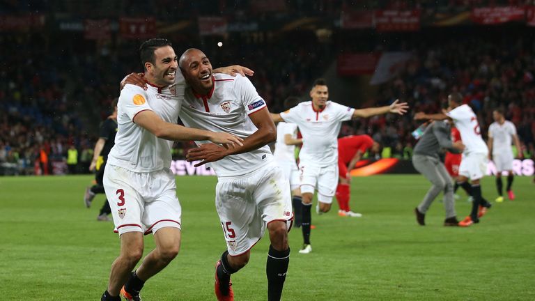 N'Zonzi (R) celebrates winning the Europa League after beating Liverpool in the final in May