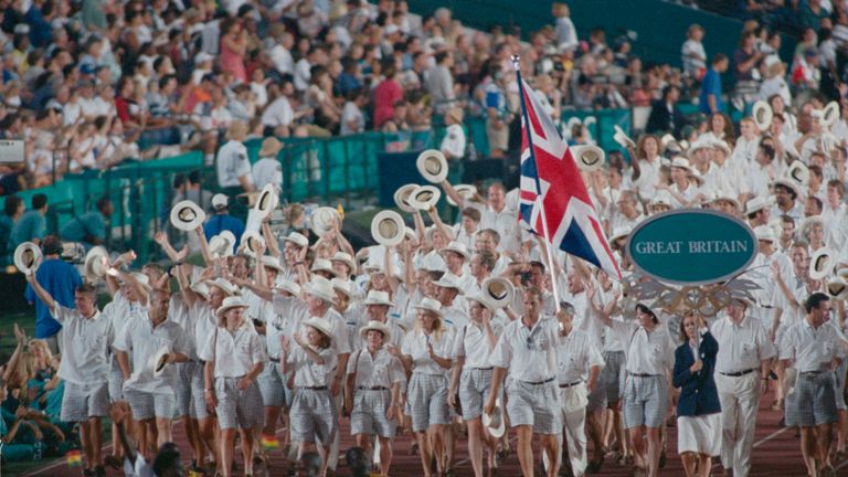 Sir Steve Redgrave leads the Great Britain team into the Opening Ceremony of the 1996 Summer Olympic Games at the Centennial Olympic Stadium, Atlanta