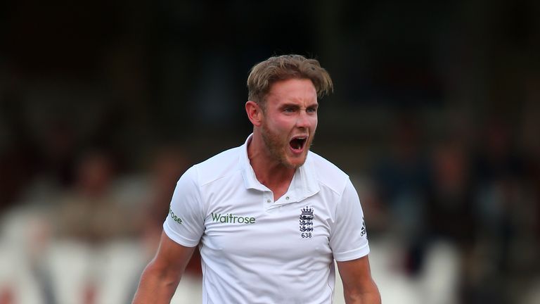 Stuart Broad of England celebrates getting the wicket of Sami Aslam of Pakistan during Oval Test