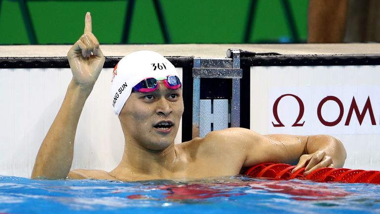 RIO DE JANEIRO, BRAZIL - AUGUST 07:  Yang Sun of China celebrates wingning the second Semifinal of the Men's 200m Freestyle on Day 2 of the Rio 2016 Olympi