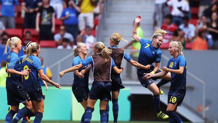 Sweden celebrate their penalty shoot-out win over USA 