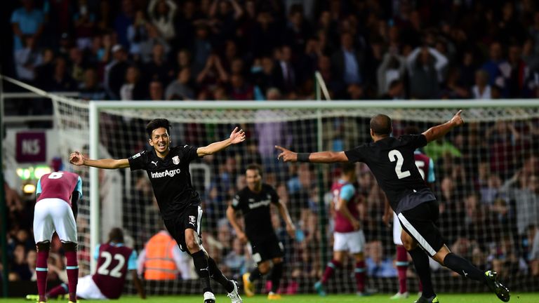 Takayuki Seto celebrates after scoring for Astra Giurgiu against West Ham in the Europa League last season