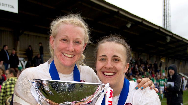 ESHER, ENGLAND - MARCH 17: Tamara Taylor (L) and Katy McLean (R) of England celebrate after the Womens Six Nations match between England Women and Ireland 