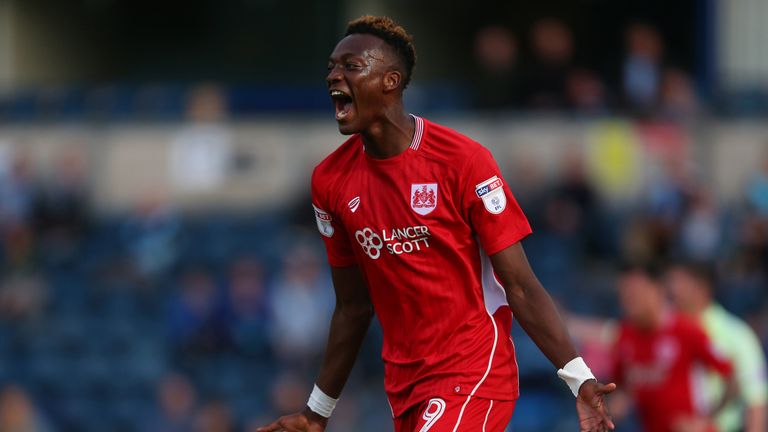 HIGH WYCOMBE, ENGLAND - AUGUST 08: Tammy Abraham of Bristol City celebrates after scoring to make it 0-1 during the EFL Cup match between Wycombe Wanderers
