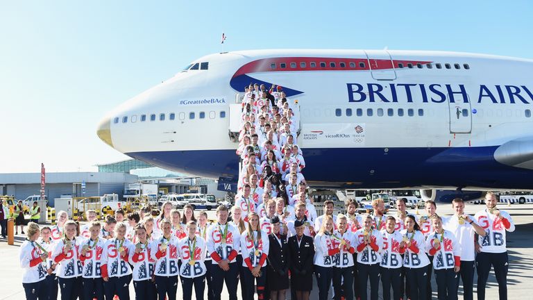 Team GB Olympic athletes pose after arriving home at Heathrow Airport on August 23, 2016 in London, England, from the Rio 2016 Games