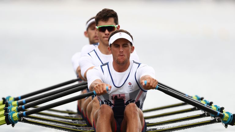 RIO DE JANEIRO, BRAZIL - AUGUST 08: Peter Lambert, Angus Groom, Sam Townsend and Jack Beaumont of Great Britain in action on Day 3 of the Rio 2016 Olympic 