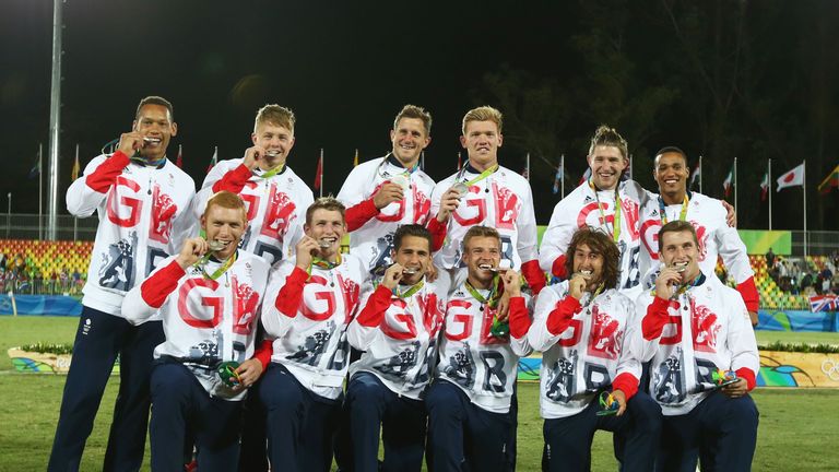 Silver medalists Great Britain pose during the medal ceremony for the Men's Rugby Seven