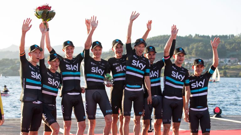 Team Sky's cyclist celebrate on the podium after winning the 1st stage of the 71st edition of "La Vuelta" Tour of Spain, a 27,8 km team trial time between 