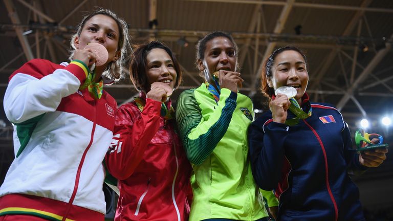 Telma Monteiro of Portugal, Kaori Matsumoto of Japan, Rafaela Silva of Brazil and Sumiya Dorjsuren of Mongolia