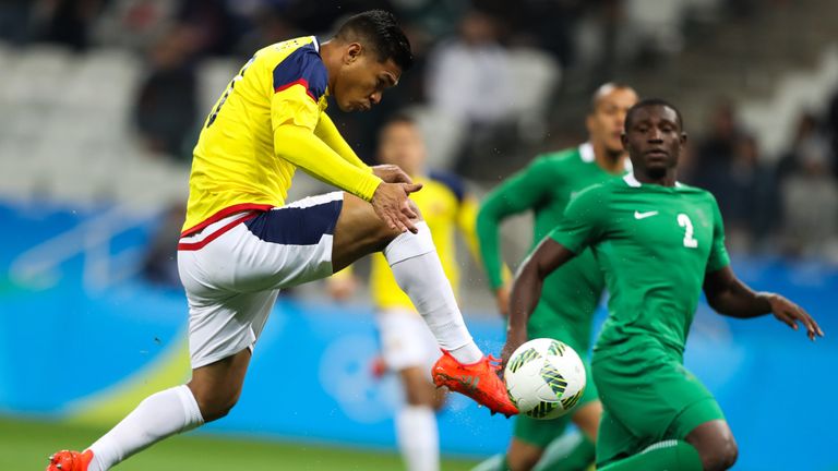 SAO PAULO, BRAZIL - AUGUST 10: Teofilo Gutierrez of Colombia scores their first goal during  the match between Colombia and Nigeria mens football for the O