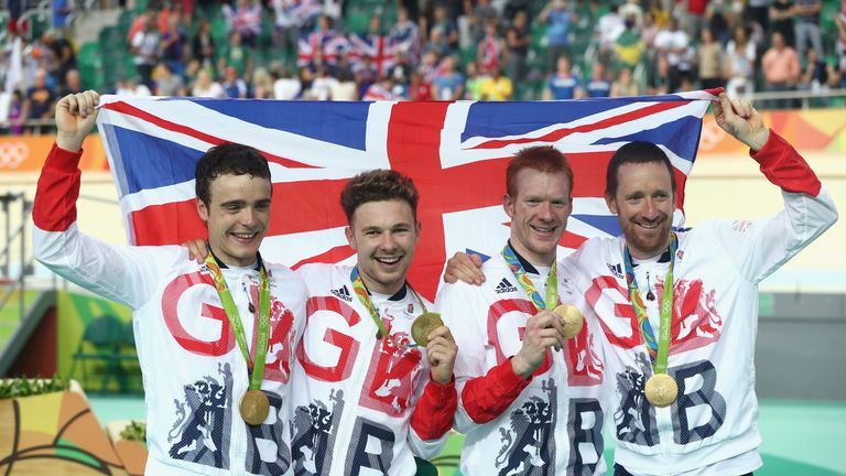 Gold medalists  Steven Burke, Owain Doull, Ed Clancy and Sir Bradley Wiggins