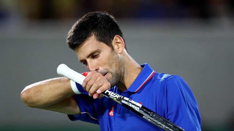 RIO DE JANEIRO, BRAZIL - AUGUST 07:  Novak Djokovic of Serbia reacts during his match against Juan Martin Del Potro of Argentina in their singles match on 