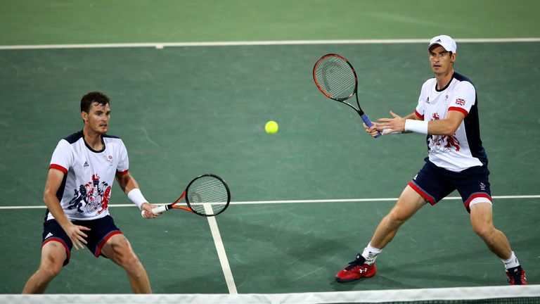 RIO DE JANEIRO, BRAZIL - AUGUST 07:  Andy Murray and Jamie Murray of Great Britain in action against Thomaz Bellucci and Andre Sa of Brazil in the mens dou