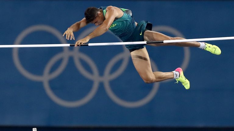 Thiago Braz da Silva of Brazil competes in the Men's Pole Vault final, which he went on to win
