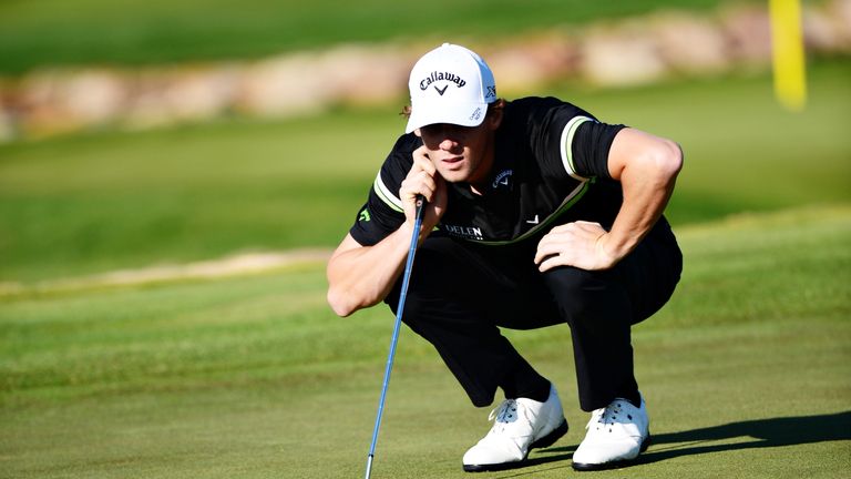 PRAGUE, CZECH REPUBLIC - AUGUST 18:  Thomas Pieters of Belgium lines up a putt on the 12th green during day one of the D+D REAL Czech Masters at Albatross 