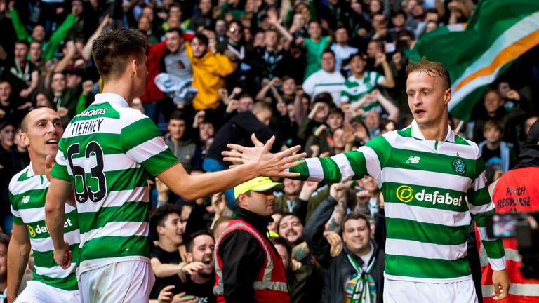 Celtic's Leigh Griffiths (R) celebrates with Kieran Tierney after he scores a penalty and puts his side into the lead