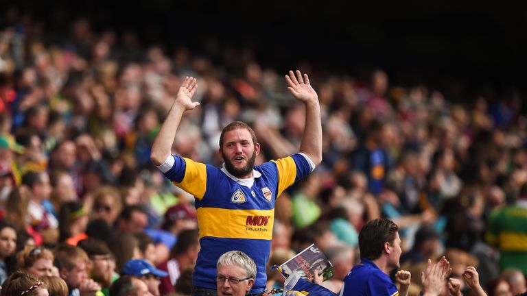 Tipperary supporters celebrate a goal for their side against Galway in the quarter-finals