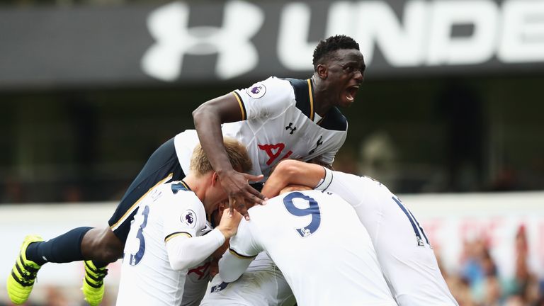 LONDON, ENGLAND - AUGUST 27: Victor Wanyama of Tottenham Hotspur celebrates  his sides first goal during the Premier League match between Tottenham Hotspur