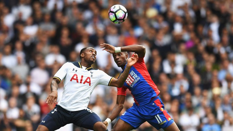 Danny Rose of Tottenham Hotspur battled with Wilfried Zaha 